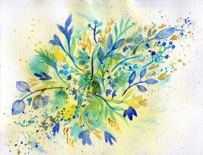 Turquoise and Gold Wildflowers - ORIGINAL watercolour painting on paper in turquoise, gold and blue by Kirsten Bailey