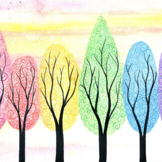 Rainbow in soft light - ORIGINAL watercolour painting on paper of pastel rainbow swirly trees by Kirsten Bailey
