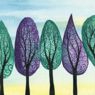 Jewelled Grove - ORIGINAL watercolour painting on paper of jewel toned swirly trees in green and purple