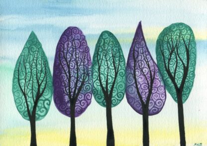 Jewelled Grove - ORIGINAL watercolour painting on paper of jewel toned swirly trees in green and purple