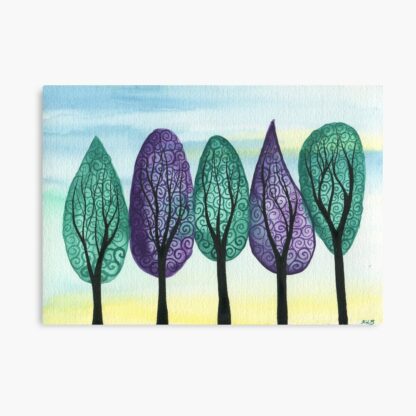 Jewelled Grove - ORIGINAL watercolour painting on paper of jewel toned swirly trees in green and purple - Image 2