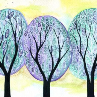 Glimmer - Whimsical watercolour painting of purple and green trees on a bright shimmery sky