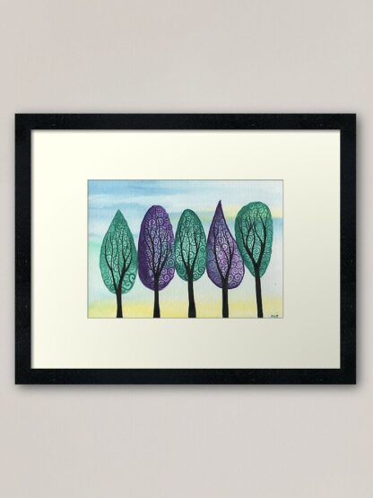 Jewelled Grove - ORIGINAL watercolour painting on paper of jewel toned swirly trees in green and purple - Image 4