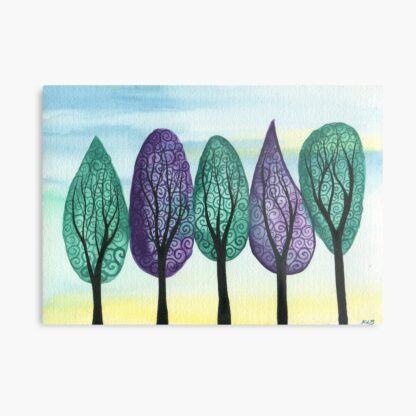 Jewelled Grove - ORIGINAL watercolour painting on paper of jewel toned swirly trees in green and purple - Image 7