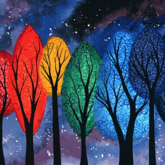 "Night Colour" - rainbow swirly trees against a starry sky - watercolour painting by KLBaileyArt