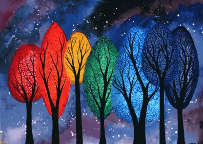 "Night Colour" - rainbow swirly trees against a starry sky - watercolour painting by KLBaileyArt