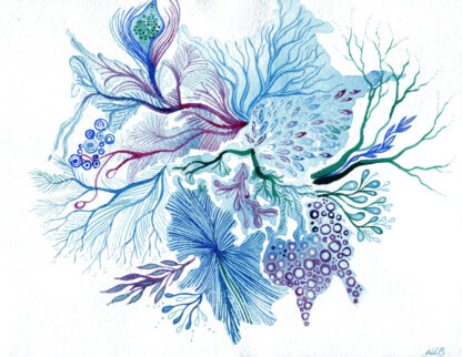 "Reef Dream 1" - Intuitive abstract watercolour in blue, green and purple by KLBaileyArt