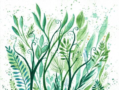 abstract watercolour painting in green inspired by underwater plants