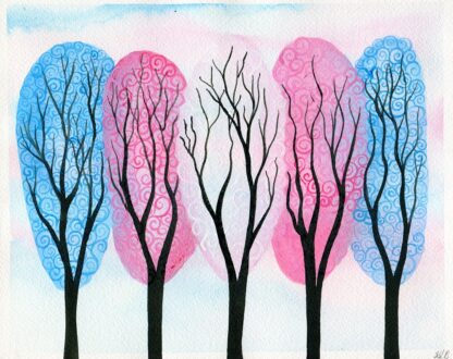 Swirly Trees Pride Flag - Trans pride - watercolour painting of swirly trees in colours of the Trans Pride flag