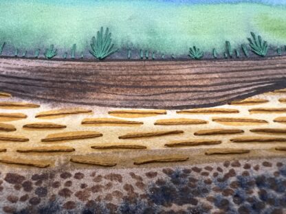 "Threads of time" abstract watercolour painting of layers of earth featuring embroidery