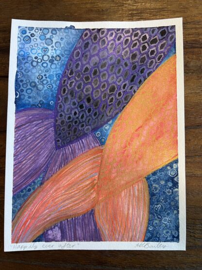 "Happily ever after" - shimmery watercolour mermaid tails - one purple, one goldfish-coloured