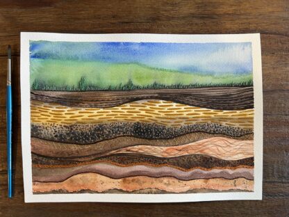 "Threads of time" abstract watercolour painting of layers of earth featuring embroidery