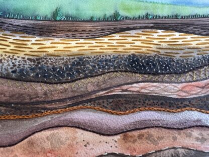 "Threads of time" abstract watercolour painting of layers of earth featuring embroidery