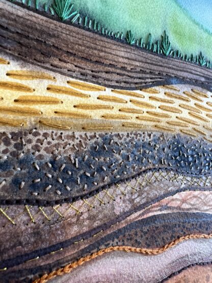 "Threads of time" abstract watercolour painting of layers of earth featuring embroidery