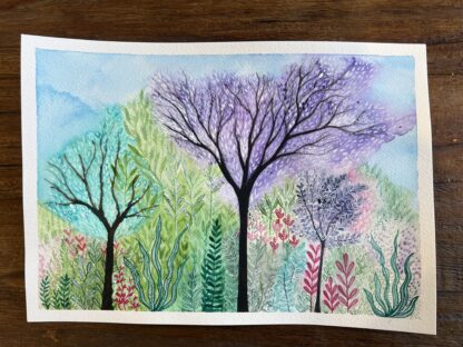 Watercolour painting of trees and plants