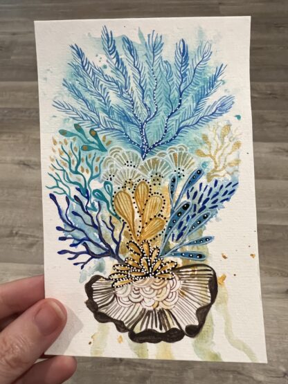 "Little blue reef" watercolour intuitive abstract painting on paper inspired by coral reefs