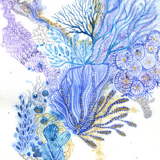 "Blue Reef 2" - intuitive abstract watercolour painting in blue, purple and gold inspired by coral reefs