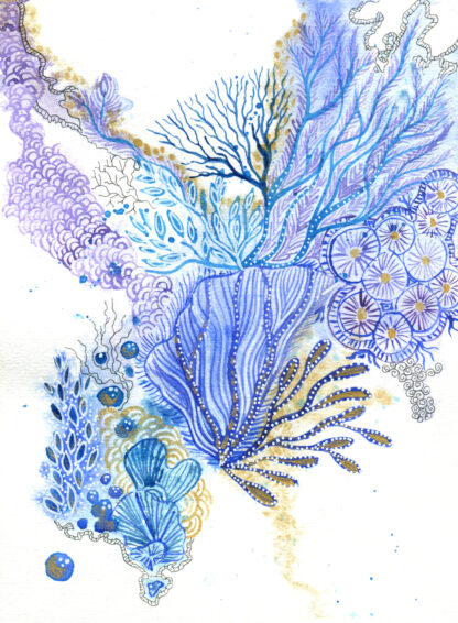"Blue Reef 2" - intuitive abstract watercolour painting in blue, purple and gold inspired by coral reefs