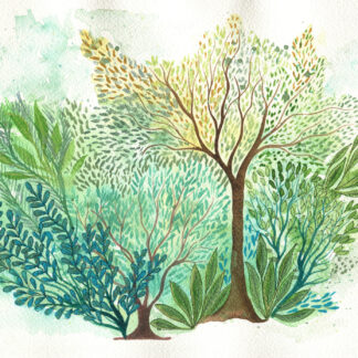 Intuitive abstract watercolour painting of gardens and trees by KLBaileyArt