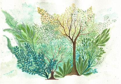Intuitive abstract watercolour painting of gardens and trees by KLBaileyArt