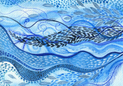"Flow" intuitive abstract watercolour painting in shades of blue