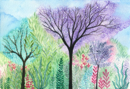 "Jacaranda garden" - watercolour painting of trees and plants by KLBaileyArt