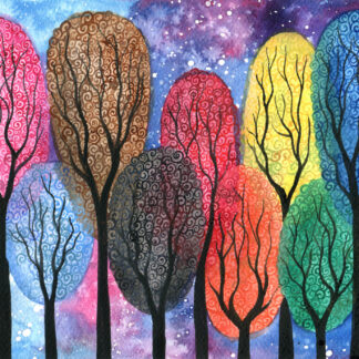 "Progression of colour" Swirly trees against a starry sky in the colours of the progress pride flag