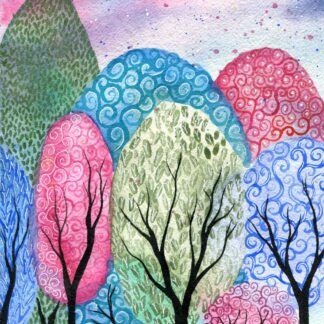 In the mist - original whimsical bright watercolour painting of trees and gardens on paper