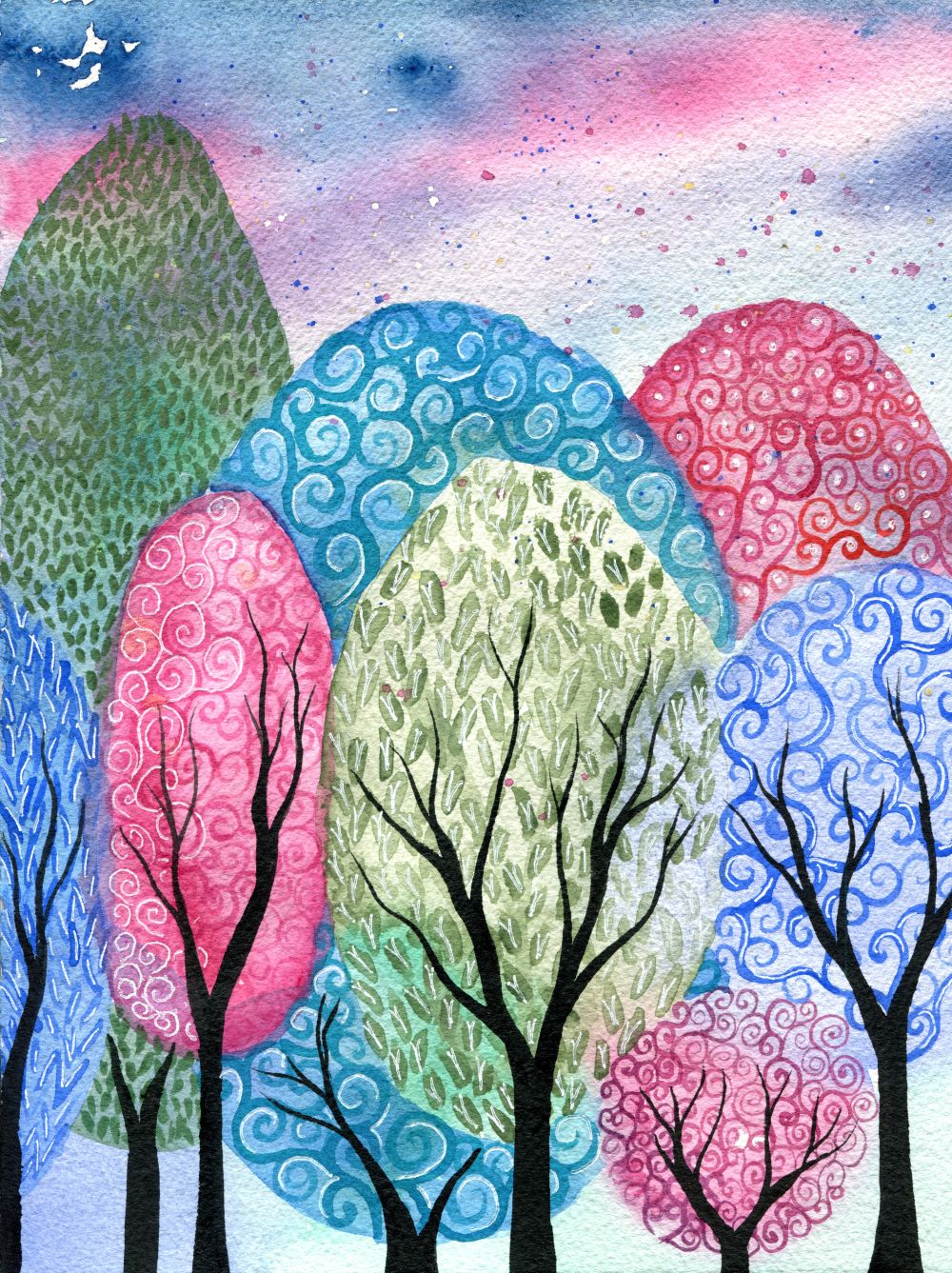 In the mist - original whimsical bright watercolour painting of trees and gardens on paper